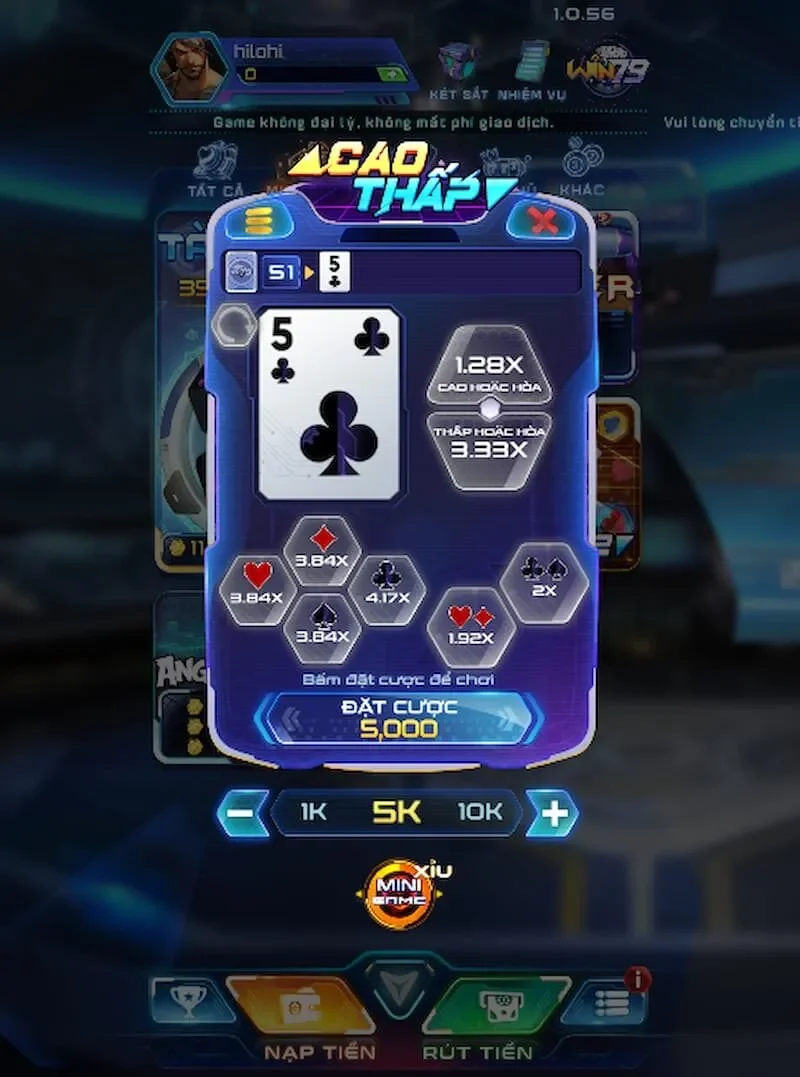 Mini game cao thấp Win79 sử dụng bộ bài 52 lá truyền thống